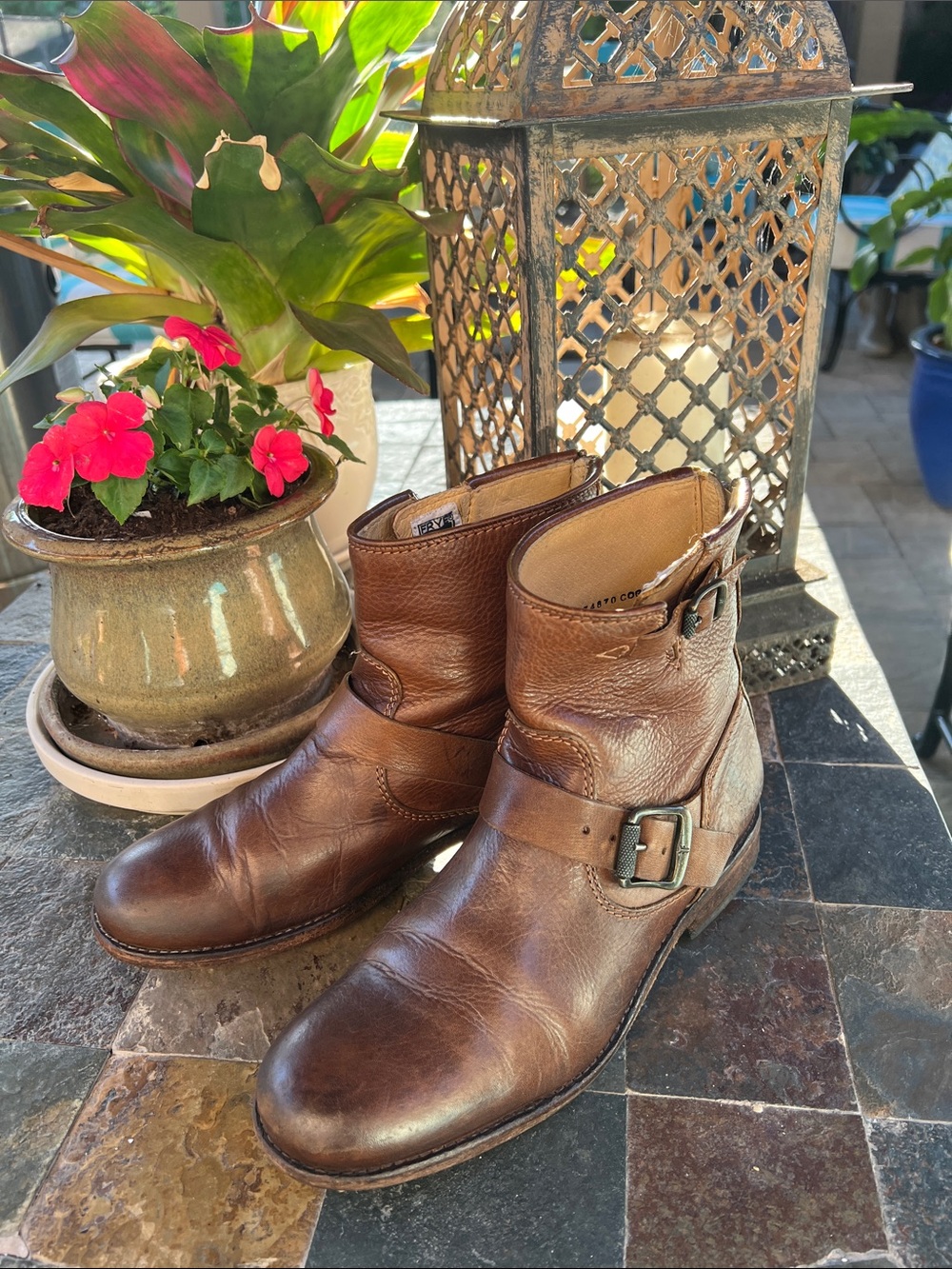 Frye Phillips brown buckle strap boot 8
